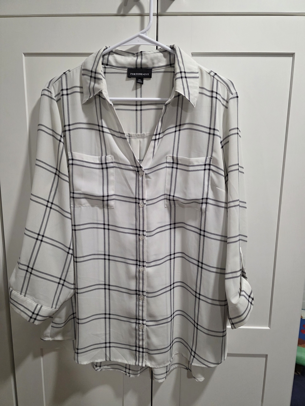 Cream and Black Plaid Button-Front Blouse